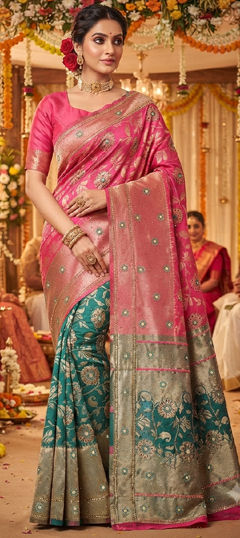 Pink and Majenta color Saree in Kanjeevaram Silk fabric with Embroidered, Zari work