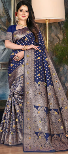 Blue color Saree in Kanjeevaram Silk fabric with Bugle Beads, Embroidered, Sequence, Weaving work
