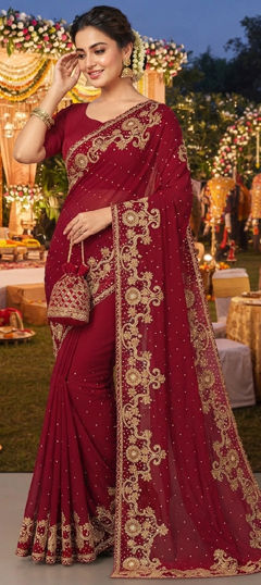 Red and Maroon color Saree in Georgette fabric with Bugle Beads, Embroidered work