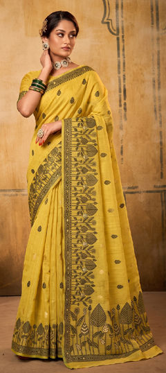 Yellow color Saree in Cotton fabric with Weaving work