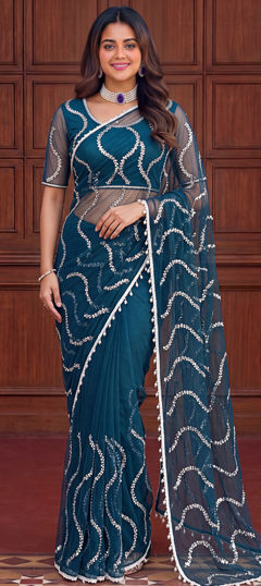 Purple and Violet color Saree in Net fabric with Lace, Sequence work