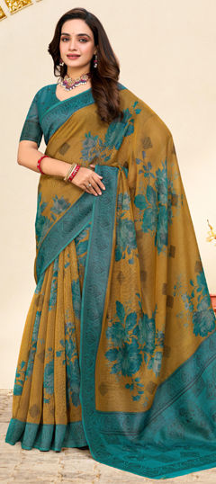 Blue, Yellow color Saree in Silk fabric with Floral, Printed work
