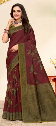 Purple and Violet color Saree in Silk fabric with Floral, Printed work