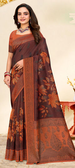Beige and Brown color Saree in Silk fabric with Floral, Printed work
