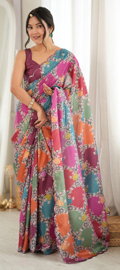 Multicolor color Saree in Chinon Silk fabric with Digital Print, Mirror, Printed work