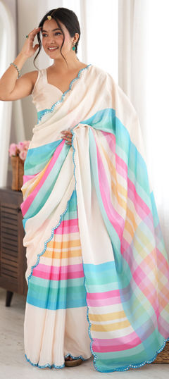 White and Off White color Saree in Chinon Silk fabric with Digital Print, Mirror work