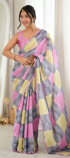 Black and Grey color Saree in Chinon Silk fabric with Digital Print, Mirror work