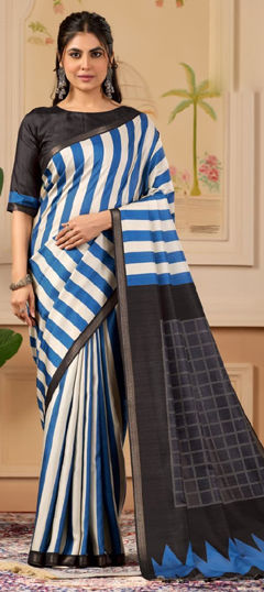 Blue, White and Off White color Saree in Art Silk fabric with Printed work