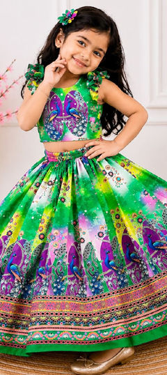 Green color Kids Lehenga in Organza Silk fabric with Printed work