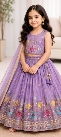 Purple and Violet color Kids Lehenga in Silk fabric with Embroidered work
