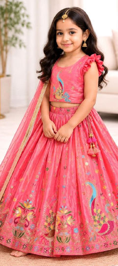 Pink and Majenta color Kids Lehenga in Silk fabric with Embroidered work