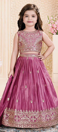 Pink and Majenta color Kids Lehenga in Silk fabric with Embroidered work