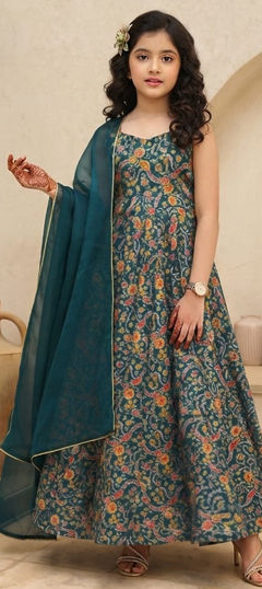 Blue color Girls Gown in Silk fabric with Digital Print work