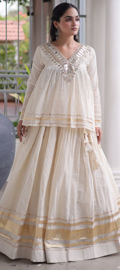 White and Off White color Long Lehenga Choli in Cotton fabric with Gota Patti, Mirror, Zari work