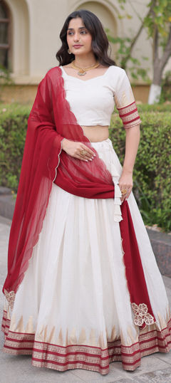 Red and Maroon, White and Off White color Lehenga in Viscose fabric with Weaving, Zari work