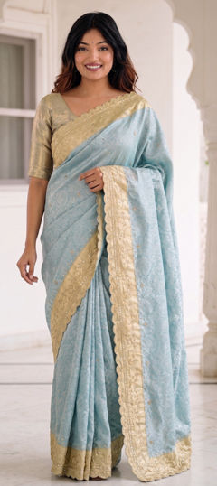 Blue color Saree in Kanjeevaram Silk fabric with Border, Embroidered work