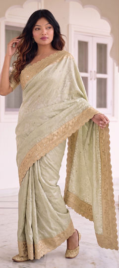 Green color Saree in Kanjeevaram Silk fabric with Border, Embroidered work