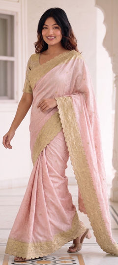 Pink and Majenta color Saree in Kanjeevaram Silk fabric with Border, Embroidered work