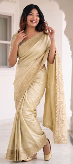 White and Off White color Saree in Kanjeevaram Silk fabric with Border, Embroidered work