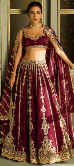 Red and Maroon color Lehenga in Silk fabric with Embroidered, Sequence work