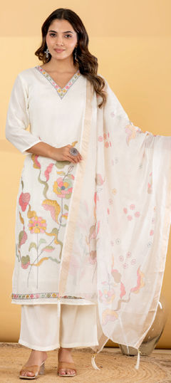 White and Off White color Salwar Kameez in Chinon Silk fabric with Embroidered work