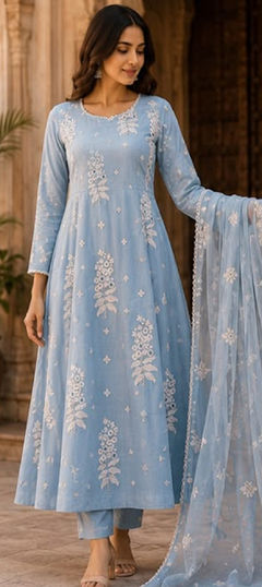 Blue color Salwar Kameez in Mul Chanderi fabric with Embroidered work