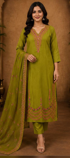 Green color Salwar Kameez in Mul Chanderi fabric with Embroidered, Mirror work