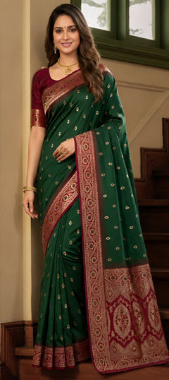 Green color Saree in Banarasi Silk fabric with Weaving, Zari work