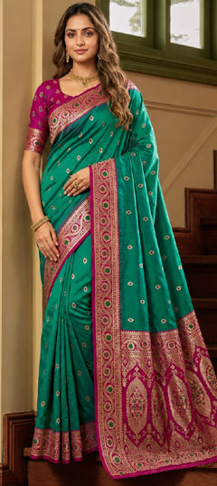 Green color Saree in Banarasi Silk fabric with Weaving, Zari work