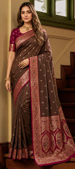 Beige and Brown color Saree in Banarasi Silk fabric with Weaving, Zari work