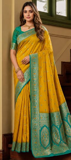 Yellow color Saree in Banarasi Silk fabric with Weaving, Zari work