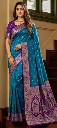 Blue color Saree in Banarasi Silk fabric with Weaving, Zari work