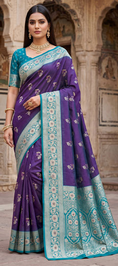 Blue color Saree in Banarasi Silk fabric with Weaving, Zari work