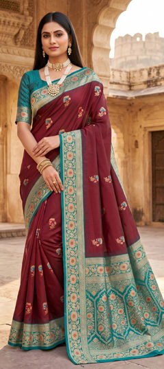 Red and Maroon color Saree in Banarasi Silk fabric with Weaving, Zari work