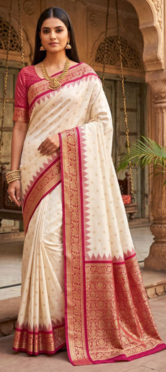 White and Off White color Saree in Banarasi Silk fabric with Weaving, Zari work