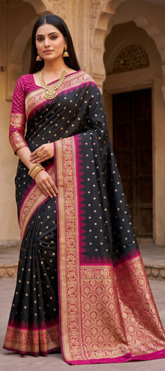 Black and Grey color Saree in Banarasi Silk fabric with Weaving, Zari work