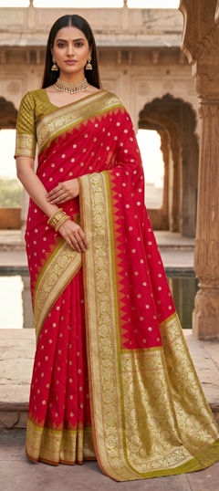 Red and Maroon color Saree in Banarasi Silk fabric with Weaving, Zari work