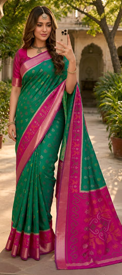 Green color Saree in Blended fabric with Weaving, Zari work