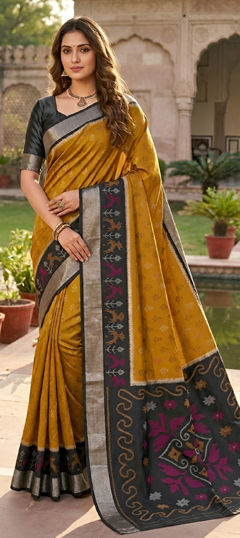 Yellow color Saree in Blended fabric with Weaving, Zari work