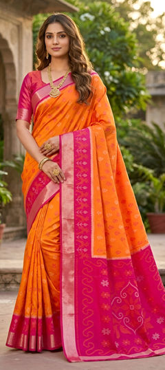 Orange color Saree in Blended fabric with Weaving, Zari work