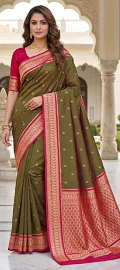 Green color Saree in Banarasi Silk fabric with Weaving, Zari work