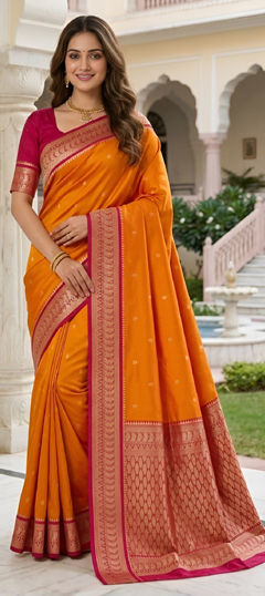 Orange color Saree in Banarasi Silk fabric with Weaving, Zari work