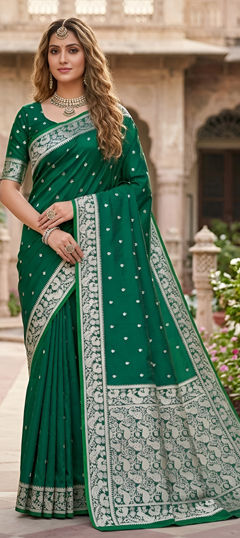 Green color Saree in Banarasi Silk fabric with Weaving, Zari work