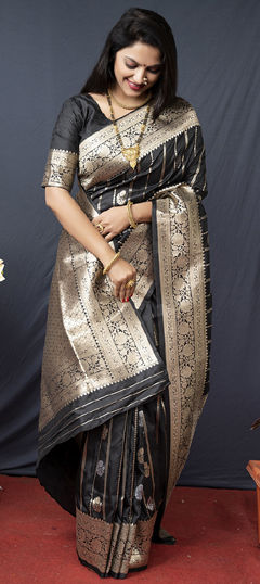 Black and Grey color Saree in Blended fabric with Weaving, Zari work