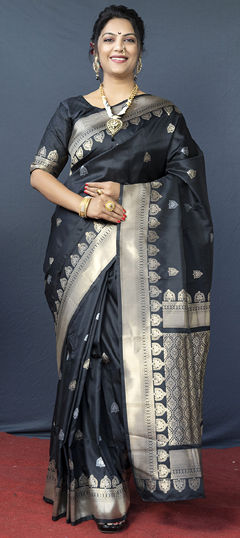 Black and Grey color Saree in Blended fabric with Weaving work