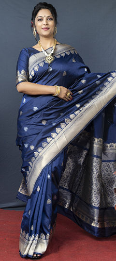 Blue color Saree in Blended fabric with Weaving work