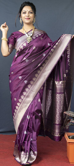 Purple and Violet color Saree in Blended fabric with Weaving work