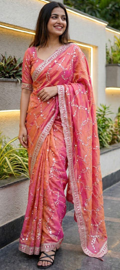 Pink and Majenta color Saree in Tissue fabric with Embroidered, Sequence work
