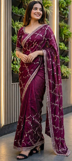 Purple and Violet color Saree in Tissue fabric with Embroidered, Sequence work