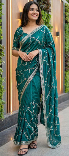 Green color Saree in Tissue fabric with Embroidered, Sequence work